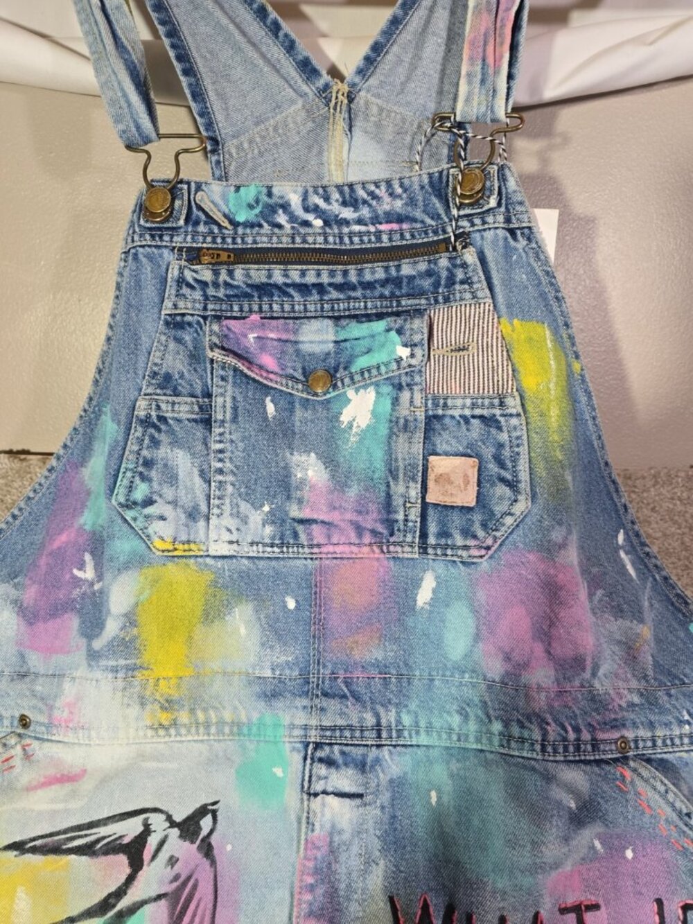 OOAK Upcycled Artwear Oversized Denim Overalls Painted Slow Stitched Boho Whimsy - Picture 9 of 16